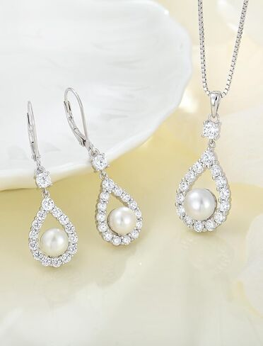 STARCHENIE Freshwater Cultured Pearl Earrings Necklace 925 Sterling Silver Cubic Zirconia Jewelry Set for Women in Kuwait