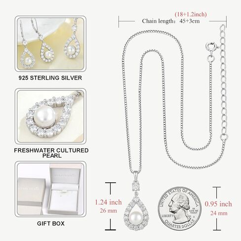 STARCHENIE Freshwater Cultured Pearl Earrings Necklace 925 Sterling Silver Cubic Zirconia Jewelry Set for Women in Kuwait