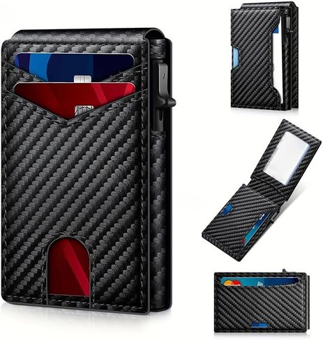 محفظة ثنائية الطي للرجال RFID Blocking Slim Minimalist Card Wallet Smart Pop Up Card Wallet للجيب الأمامي للجنسين هدايا 1 ID Clear Window 2 Card Pocket 1 Card فتحة، 2.6 بوصة × 4 بوصة × 0.7 بوصة، أسود in Kuwait