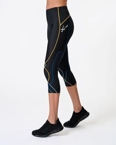 CW-X Women's Stabilyx Mid Rise Capri Compression Leggings, 125806, Performance 3/4 Tights with Joint Support, Black/Coastal, Small in Saudi Arabia