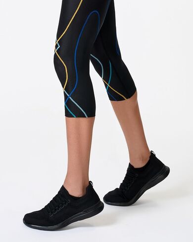 CW-X Women's Stabilyx Mid Rise Capri Compression Leggings, 125806, Performance 3/4 Tights with Joint Support, Black/Coastal, Small in Saudi Arabia