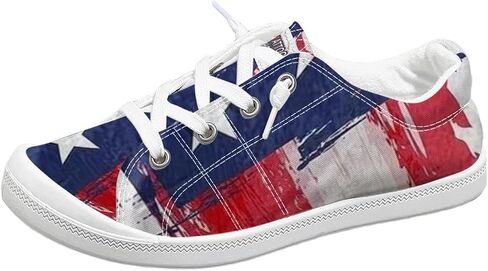 Women's American Flag Canvas Sneakers, Low Top Patriotic Stars Stripes Print Casual Shoes, Comfortable Slip-On Lace-Up Flat Sneakers for Independence Day 4th of July Summer Daily Walking in Kuwait