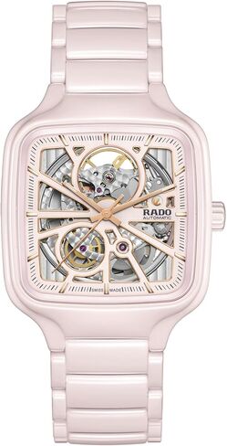 Rado - True Square - ساعة سويسرية أوتوماتيكية للنساء - مينا وردي مربع 38 ملم - سوار سيراميك وردي عالي التقنية - R27123012 in Kuwait