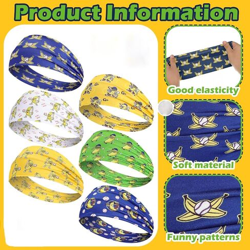 6 Pcs Bananas Baseball Team Headband Novelty Funny Elastic Athletic Sweatband Multi Color Workout Non-Slip Headbands for Baseball Team Sports Yoga Women Men Accessory Gift in Saudi Arabia