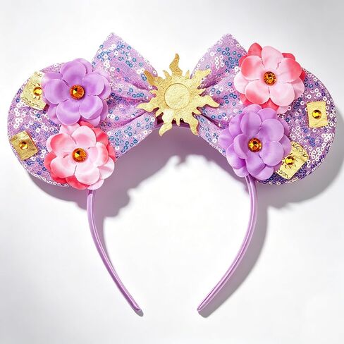 bianbaistar Purple Sun Flower Mouse Ears Headband with Sequin Bow, Stretchy Lightweight Hair Hoop for Adults & Women, Fashion Accessory for Theme Park Party Cosplay in Saudi Arabia