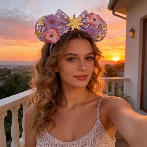 bianbaistar Purple Sun Flower Mouse Ears Headband with Sequin Bow, Stretchy Lightweight Hair Hoop for Adults & Women, Fashion Accessory for Theme Park Party Cosplay in Saudi Arabia