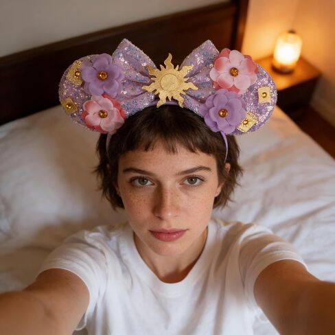 bianbaistar Purple Sun Flower Mouse Ears Headband with Sequin Bow, Stretchy Lightweight Hair Hoop for Adults & Women, Fashion Accessory for Theme Park Party Cosplay in Saudi Arabia
