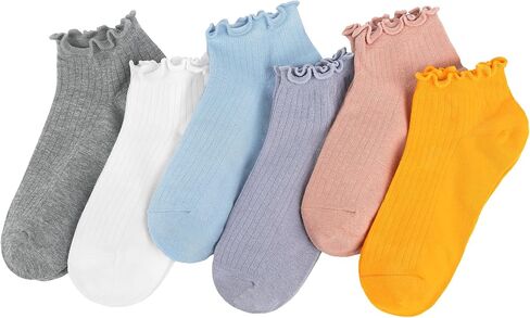 6 Pairs Ruffle Socks for Women, Frilly Cotton Ankle Socks | Breathable Fabric, Elastic Stretch, Comfort Foot Fit, Flat Smooth Toe, Cute Cuff, Sweet Simple Look, Daily Casual Wear in Saudi Arabia