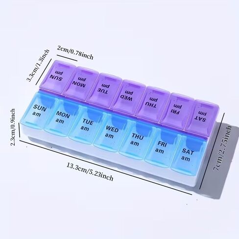 Portable Pill Organizer with Double Compartments Large Capacity 14 Slot Weekly Medication Box for Travel Home Daily Use,Blue,1pc in Kuwait