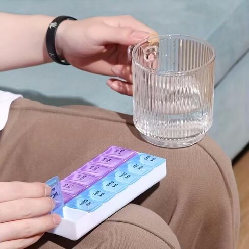 Portable Pill Organizer with Double Compartments Large Capacity 14 Slot Weekly Medication Box for Travel Home Daily Use,Blue,1pc in Kuwait