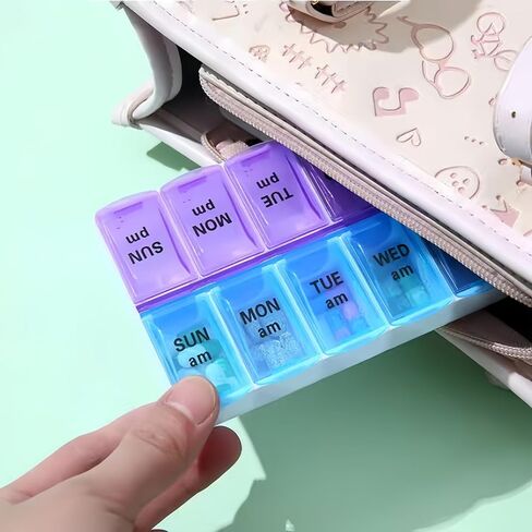 Portable Pill Organizer with Double Compartments Large Capacity 14 Slot Weekly Medication Box for Travel Home Daily Use,Blue,1pc in Kuwait