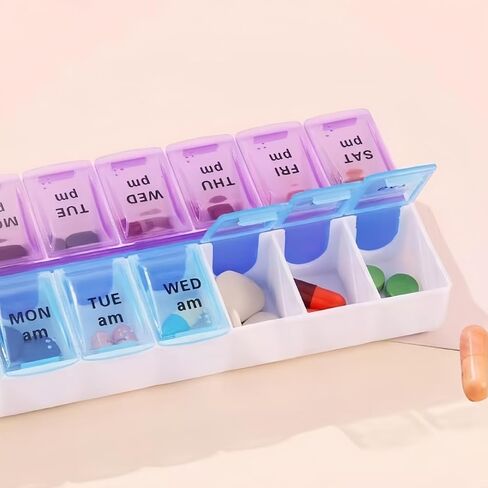 Portable Pill Organizer with Double Compartments Large Capacity 14 Slot Weekly Medication Box for Travel Home Daily Use,Blue,1pc in Kuwait