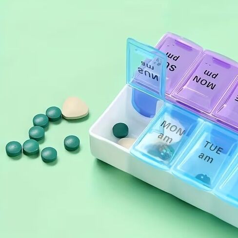 Portable Pill Organizer with Double Compartments Large Capacity 14 Slot Weekly Medication Box for Travel Home Daily Use,Blue,1pc in Kuwait