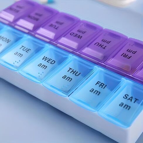 Portable Pill Organizer with Double Compartments Large Capacity 14 Slot Weekly Medication Box for Travel Home Daily Use,Blue,1pc in Kuwait