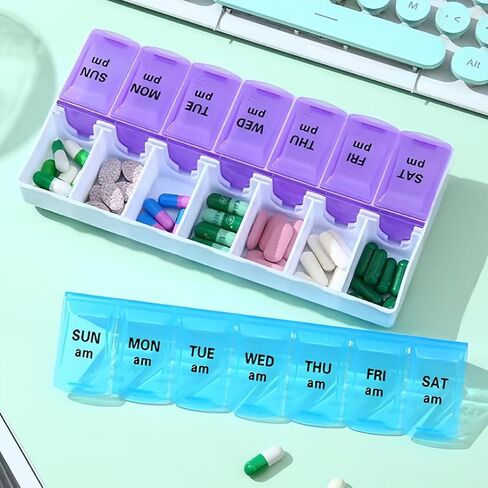 Portable Pill Organizer with Double Compartments Large Capacity 14 Slot Weekly Medication Box for Travel Home Daily Use,Blue,1pc in Kuwait
