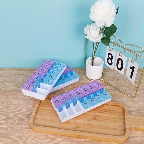 Portable Pill Organizer with Double Compartments Large Capacity 14 Slot Weekly Medication Box for Travel Home Daily Use,Blue,1pc in Kuwait