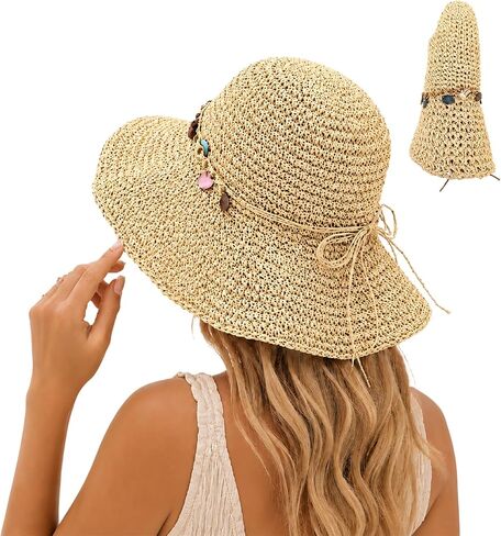 Women Sun Hat UV Protection Wide Brim Floppy Straw Beach Hat Beige | Breathable Travel Vacation Essentials Foldable Colorful Shell Decor Packable Adjustable Rope Beach Hats for Outdoor Summer in Kuwait
