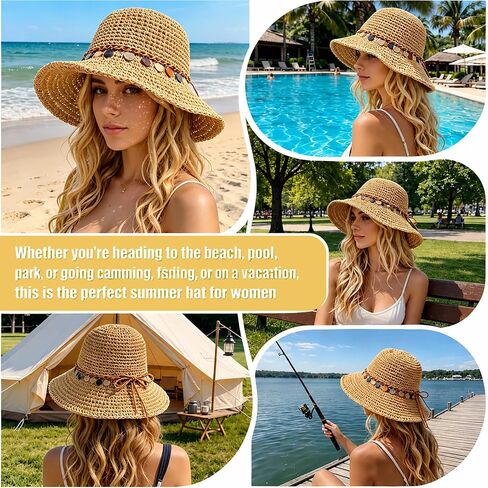 Women Sun Hat UV Protection Wide Brim Floppy Straw Beach Hat Beige | Breathable Travel Vacation Essentials Foldable Colorful Shell Decor Packable Adjustable Rope Beach Hats for Outdoor Summer in Kuwait