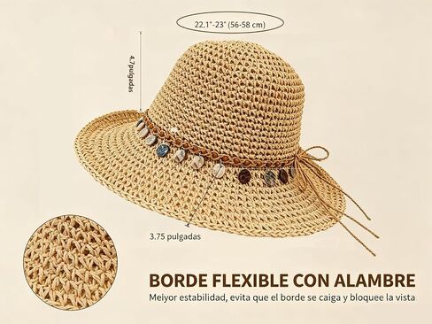 Women Sun Hat UV Protection Wide Brim Floppy Straw Beach Hat Beige | Breathable Travel Vacation Essentials Foldable Colorful Shell Decor Packable Adjustable Rope Beach Hats for Outdoor Summer in Kuwait