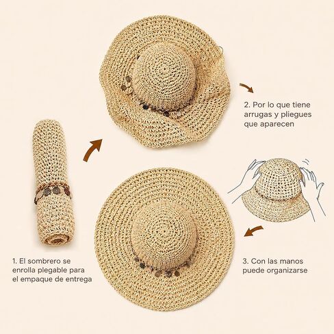 Women Sun Hat UV Protection Wide Brim Floppy Straw Beach Hat Beige | Breathable Travel Vacation Essentials Foldable Colorful Shell Decor Packable Adjustable Rope Beach Hats for Outdoor Summer in Kuwait