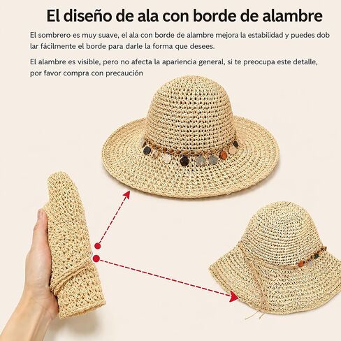 Women Sun Hat UV Protection Wide Brim Floppy Straw Beach Hat Beige | Breathable Travel Vacation Essentials Foldable Colorful Shell Decor Packable Adjustable Rope Beach Hats for Outdoor Summer in Kuwait