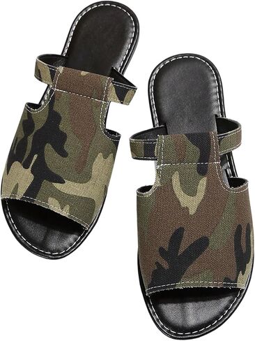 RoseSeek Women's Camo Beach Sandals Open Toe Flat Sandals Cut Out Slides | Camouflage Sandals, Camo Sandals for Women, Sandals Women Comfortable, Summer Vacation Shoes in Kuwait