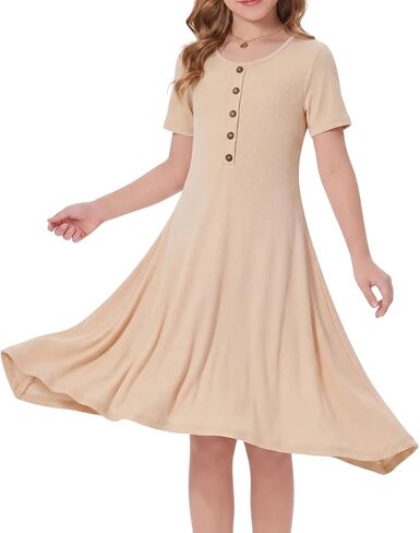 WELAKEN Girls Flowy Swing A-Line Dress, Soft Knit Short Sleeve Casual Summer Dress with Decorative Button Front in Kuwait