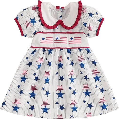 Toddler Baby Girl 4th of July Dress USA Flag Embroidered Dress Plaid Short Sleeve Smocked Dress Fourth of July Summer Clothes in Saudi Arabia