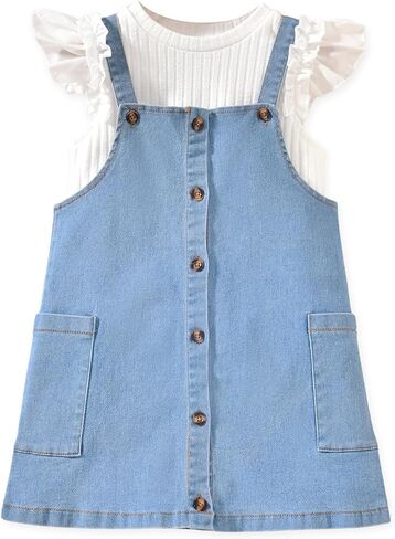 HINTINA Toddler Girl 2 Pieces Outfits Butterfly Sleeve T-shirt and Denim Overall Dress in Kuwait