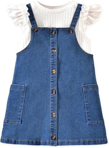 HINTINA Toddler Girl 2 Pieces Outfits Butterfly Sleeve T-shirt and Denim Overall Dress in Kuwait