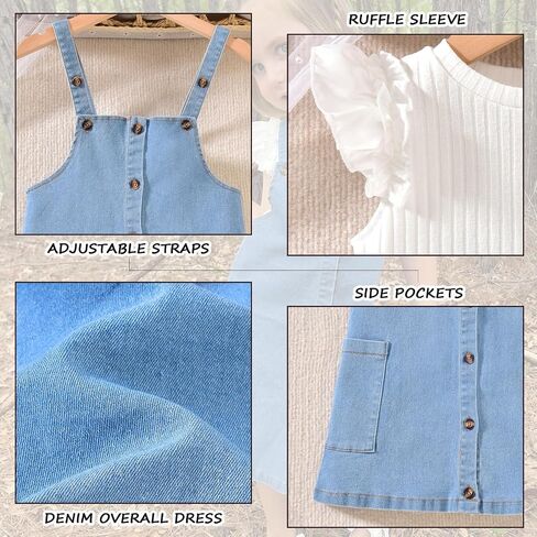 HINTINA Toddler Girl 2 Pieces Outfits Butterfly Sleeve T-shirt and Denim Overall Dress in Kuwait