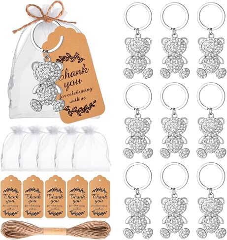 50 Pcs Rhinestone Bear Keychains Baby Shower Party Favors Wedding Bridal Birthday Souvenirs for Guests,Cute Bear Keyring with Tags Bags (gold) in Saudi Arabia