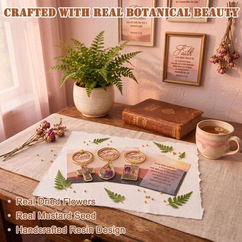 Christian Mustard Seed Floral Keychain Gifts for Women Bulk, Dried Flower Resin Keychains with Bible Verse Cards in Saudi Arabia