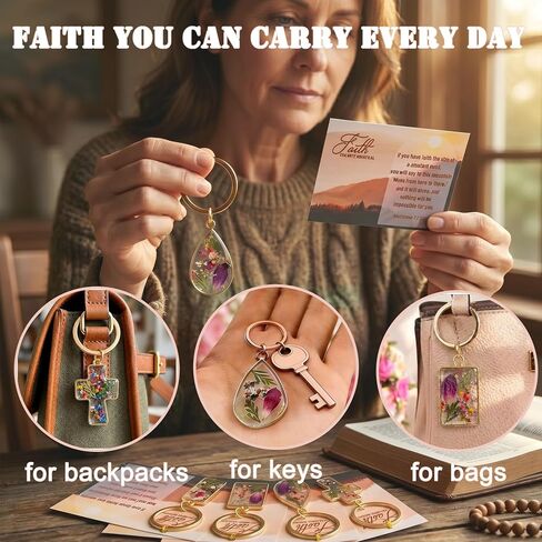 Christian Mustard Seed Floral Keychain Gifts for Women Bulk, Dried Flower Resin Keychains with Bible Verse Cards in Saudi Arabia