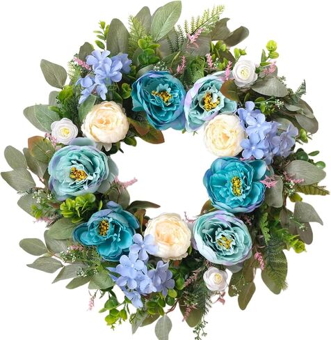 24 Inch Spring Peony Wreath for Front Door, Blue Peony and Hydrangea Flower Wreath, Artificial Spring Summer Floral Wreaths for Indoor Outdoor Wedding Door Decor in Kuwait