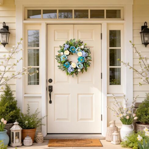 24 Inch Spring Peony Wreath for Front Door, Blue Peony and Hydrangea Flower Wreath, Artificial Spring Summer Floral Wreaths for Indoor Outdoor Wedding Door Decor in Kuwait