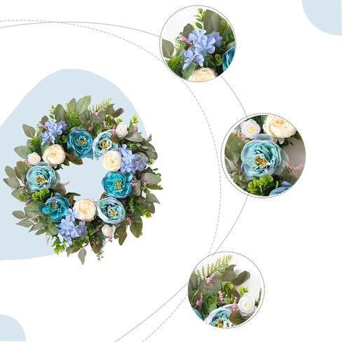 24 Inch Spring Peony Wreath for Front Door, Blue Peony and Hydrangea Flower Wreath, Artificial Spring Summer Floral Wreaths for Indoor Outdoor Wedding Door Decor in Kuwait