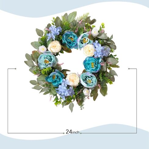 24 Inch Spring Peony Wreath for Front Door, Blue Peony and Hydrangea Flower Wreath, Artificial Spring Summer Floral Wreaths for Indoor Outdoor Wedding Door Decor in Kuwait