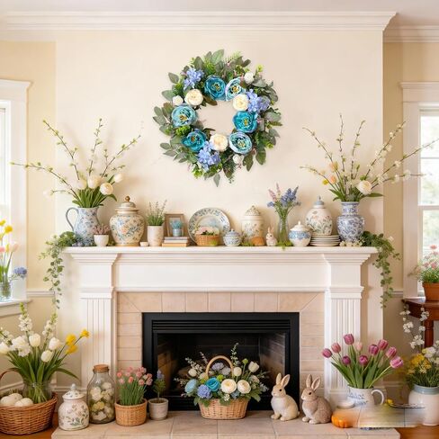 24 Inch Spring Peony Wreath for Front Door, Blue Peony and Hydrangea Flower Wreath, Artificial Spring Summer Floral Wreaths for Indoor Outdoor Wedding Door Decor in Kuwait