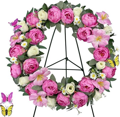 MUVIC Artificial Flower Cemetery Wreath with Grave Holder, Grave Wreaths for Gravesit Decoration for You Loved Ones,Pink Peony White Rose in Saudi Arabia