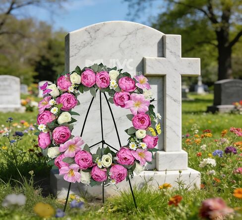MUVIC Artificial Flower Cemetery Wreath with Grave Holder, Grave Wreaths for Gravesit Decoration for You Loved Ones,Pink Peony White Rose in Saudi Arabia