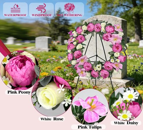 MUVIC Artificial Flower Cemetery Wreath with Grave Holder, Grave Wreaths for Gravesit Decoration for You Loved Ones,Pink Peony White Rose in Saudi Arabia
