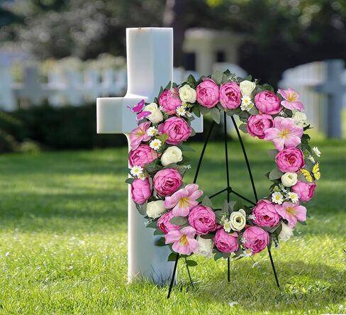 MUVIC Artificial Flower Cemetery Wreath with Grave Holder, Grave Wreaths for Gravesit Decoration for You Loved Ones,Pink Peony White Rose in Saudi Arabia