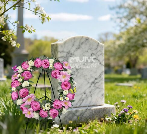 MUVIC Artificial Flower Cemetery Wreath with Grave Holder, Grave Wreaths for Gravesit Decoration for You Loved Ones,Pink Peony White Rose in Saudi Arabia