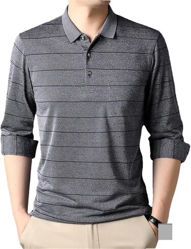 Vsadsau Cotton Polo Shirt for Men Long Sleeve Striped Autumn Spring Business Casual Male Polo Shirt in Saudi Arabia