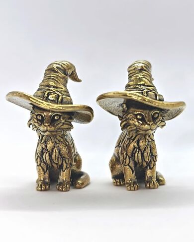 2PCS Witch Cat Figurines - Handcrafted Mini Brass Cat Statue with Wizard Hat, Vintage Witch Decor & Brass Home Decor for Shelf, Desk, Unique Gothic Gift in Saudi Arabia
