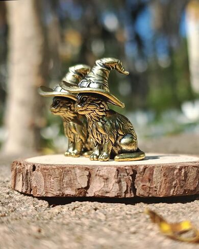 2PCS Witch Cat Figurines - Handcrafted Mini Brass Cat Statue with Wizard Hat, Vintage Witch Decor & Brass Home Decor for Shelf, Desk, Unique Gothic Gift in Saudi Arabia