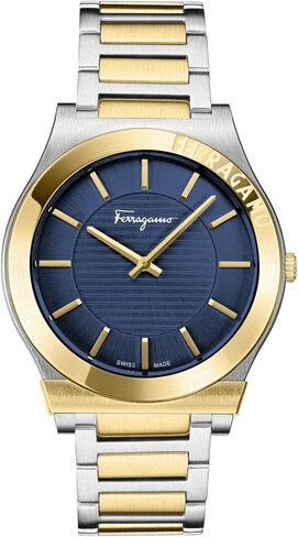 Ferragamo Gancini Collection Luxury Mens Watch Timepieces with a Two Tone Bracelet and Case Featuring a Blue Dial in Kuwait