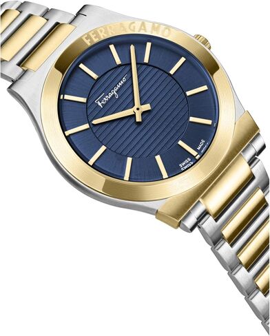 Ferragamo Gancini Collection Luxury Mens Watch Timepieces with a Two Tone Bracelet and Case Featuring a Blue Dial in Kuwait