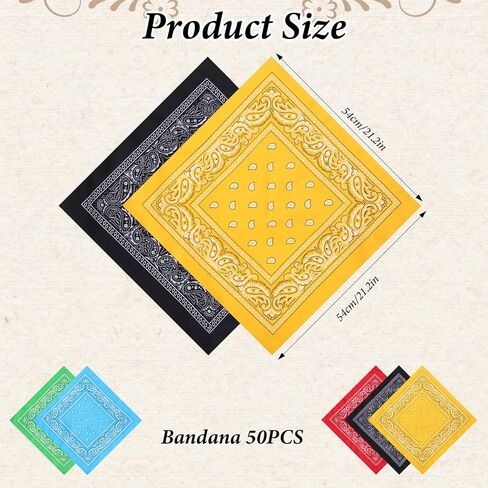 50 Pcs 21.26 Inch Bandanas Bulk for Women Men Cowboy Paisley Polyester Head Wrap Necktie Face Cover Multipurpose Handkerchief Retro Scarf 10 Colors in Saudi Arabia